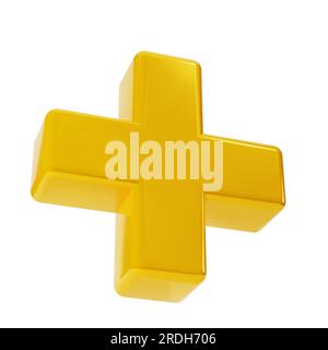 3d realistico giallo dorato più, icona di aggiunta segno. Elemento aritmetico decorativo, matematica didattica, simbolo matematico o medico. Illustrazione astratta Foto Stock