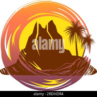 Emblema paesaggistico in stile silhouette con palme da spiaggia tropicali e isola vulcanica su sfondo trasparente Illustrazione Vettoriale