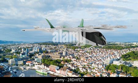 20 luglio 2023, San Paolo, Brasile: Illustrazione artista del modello Wideroe ZERO eVTOL. Il costruttore di aerei brasiliano Embraer dice che sarà costruita una nuova fabbrica vicino a San Paolo per produrre taxi volanti elettrici che spera porterà in cielo dal 2026. Il velivolo, che sarà realizzato dalla sua controllata Eve, assomiglierà a un piccolo elicottero con spazio sufficiente per un massimo di sei clienti. Si prevede che un viaggio costerà $ 50-$ 100 a persona. Eve dice che ha già ordini per quasi 3.000 taxi aerei che spera di assemblare un prototipo quest'anno. I regolatori STATUNITENSI hanno recentemente pubblicato una tempistica per i taxi aerei che voleranno Foto Stock