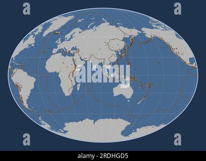 Forma della piastra tettonica birmana sulla mappa di contorno solida nella proiezione Fahey centrata meridionalmente. Distribuzione di vulcani noti Illustrazione Vettoriale