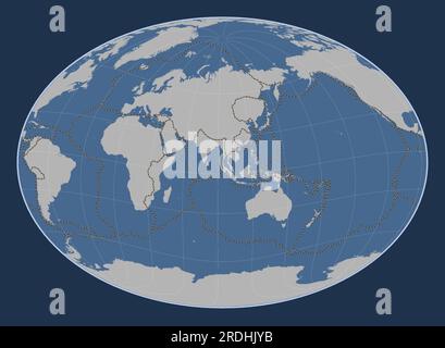 Forma della placca tettonica birmana sulla mappa dei contorni del mondo nella proiezione Fahey Oblique centrata a sud e latitudinalmente. Limiti di Illustrazione Vettoriale