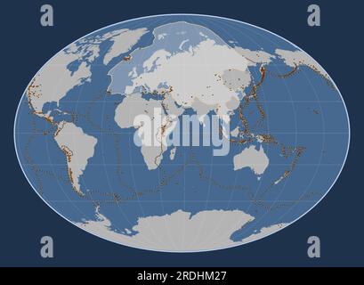 Placca tettonica eurasiatica sulla mappa del contorno solido nella proiezione di Fahey centrata meridionalmente. Distribuzione di vulcani noti Illustrazione Vettoriale