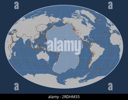 Placca tettonica del Pacifico sulla mappa del contorno solido nella proiezione di Fahey centrata meridionalmente. Distribuzione di vulcani noti Illustrazione Vettoriale