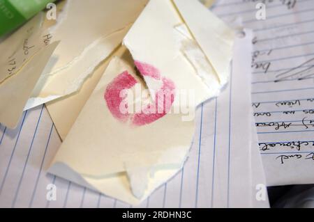 La busta con rossetto si trova nel cestino. La busta è stata strappata a metà e la sbavatura del rossetto è divisa in due. Niente san valentino per questa persona Foto Stock