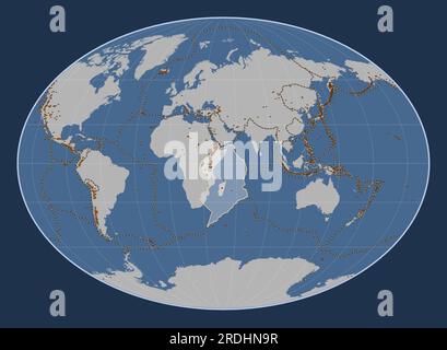 Placca tettonica somala sulla mappa del contorno solido nella proiezione di Fahey centrata meridionalmente. Distribuzione di vulcani noti Illustrazione Vettoriale