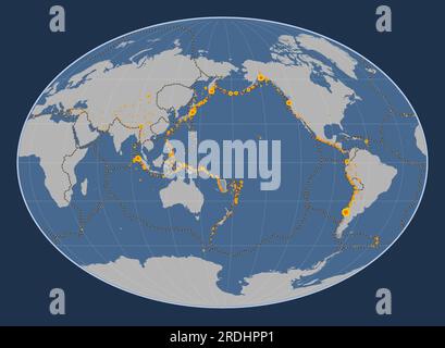 Forma della piastra tettonica delle nuove Ebridi sulla mappa del contorno solido nella proiezione Fahey centrata a sud. Luoghi di terremoti sopra Richte Illustrazione Vettoriale