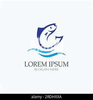 Logo pesce, fishinghook, olio di pesce e icona del ristorante di pesce. Con concetto di icona vettoriale Illustrazione Vettoriale