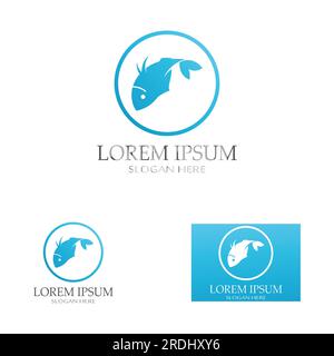 Logo pesce, fishinghook, olio di pesce e icona del ristorante di pesce. Con concetto di icona vettoriale Illustrazione Vettoriale
