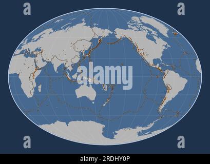 Forma della piastra tettonica delle nuove Ebridi sulla mappa del contorno solido nella proiezione Fahey centrata a sud. Distribuzione di vulcani noti Illustrazione Vettoriale