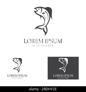 Logo pesce, fishinghook, olio di pesce e icona del ristorante di pesce. Con concetto di icona vettoriale Illustrazione Vettoriale