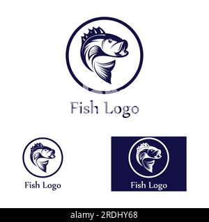 Logo pesce, fishinghook, olio di pesce e icona del ristorante di pesce. Con concetto di icona vettoriale Illustrazione Vettoriale