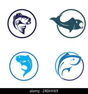 Logo pesce, fishinghook, olio di pesce e icona del ristorante di pesce. Con concetto di icona vettoriale Illustrazione Vettoriale