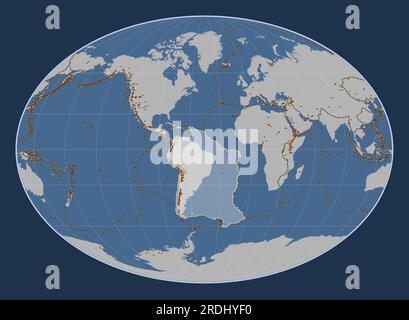 Placca tettonica sudamericana sulla mappa del contorno solido nella proiezione di Fahey centrata meridionalmente. Distribuzione di vulcani noti Illustrazione Vettoriale