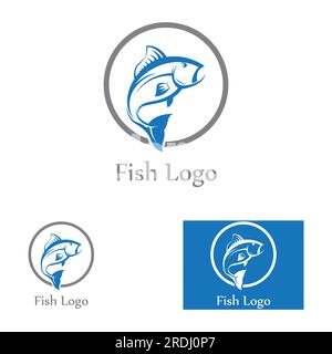 Logo pesce, fishinghook, olio di pesce e icona del ristorante di pesce. Con concetto di icona vettoriale Illustrazione Vettoriale