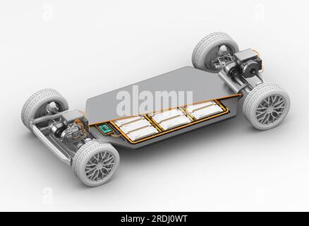 Vista in sezione del telaio del veicolo elettrico con doppi motori e gruppo batterie a stato solido su sfondo bianco. Immagine di rendering 3D. Foto Stock