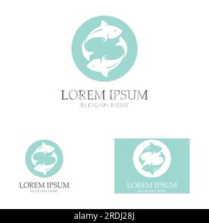 Logo pesce, fishinghook, olio di pesce e icona del ristorante di pesce. Con concetto di icona vettoriale Illustrazione Vettoriale