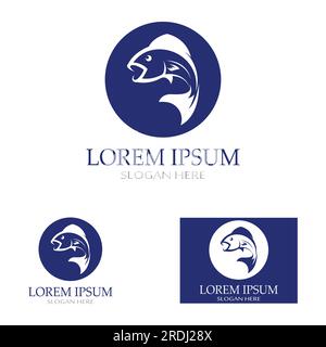 Logo pesce, fishinghook, olio di pesce e icona del ristorante di pesce. Con concetto di icona vettoriale Illustrazione Vettoriale