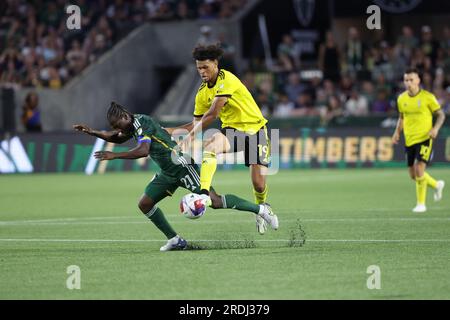 15 luglio 2023; Portland, Oregon, Stati Uniti; Columbus Crew a Portland Timbers in un match MLS a Providence Park. (Foto: Al Sermeno/KLC fotos) Foto Stock