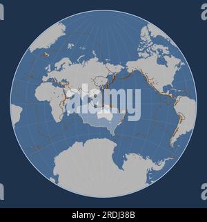 Placca tettonica australiana sulla mappa del contorno solido nella proiezione Lagrange centrata meridionalmente. Distribuzione di vulcani noti Illustrazione Vettoriale