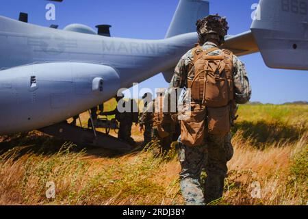 STATI UNITI I Marines assegnati alla Charlie Company, Battalion Landing Team 1/5, 15th Marine Expeditionary Unit, si imbarcarono su un MV-22B Osprey assegnato al Marine Medium Tiltrotor Squadron (VMM) 165 (rinforzato), 15th MEU, durante il recupero tattico di aerei e addestramento del personale presso Marine Corps base Camp Pendleton, California, 28 giugno 2023. L'addestramento fa parte del corso TRAPPOLA i Marine Expeditionary Force Expeditionary Operations Training Group, che migliora le capacità della forza TRAPPOLA DI recuperare aerei, personale e attrezzature in ambienti austeri. (STATI UNITI Marine Corps foto del sergente Sydney Smith) Foto Stock