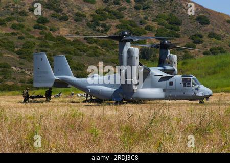 STATI UNITI I Marines assegnati alla Charlie Company, Battalion Landing Team 1/5, 15th Marine Expeditionary Unit, trasportano una vittima simulata in un MV-22B Osprey attaccato al Marine Medium Tiltrotor Squadron (VMM) 165 (rinforzato), 15th MEU, durante il recupero tattico di aerei e addestramento del personale presso Marine Corps base Camp Pendleton, California, 28 giugno 2023. L'addestramento fa parte del corso TRAPPOLA i Marine Expeditionary Force Expeditionary Operations Training Group, che migliora le capacità della forza TRAPPOLA DI recuperare aerei, personale e attrezzature in ambienti austeri. (STATI UNITI Marine Cor Foto Stock