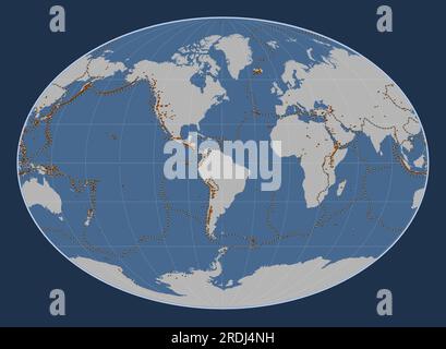 Forma della piastra tettonica delle Shetland sulla mappa di contorno solido nella proiezione Fahey centrata meridionalmente. Distribuzione di vulcani noti Illustrazione Vettoriale