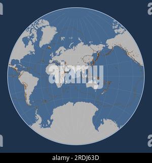 Placca tettonica indiana sulla mappa del contorno solido nella proiezione Lagrange centrata meridionalmente. Distribuzione di vulcani noti Illustrazione Vettoriale