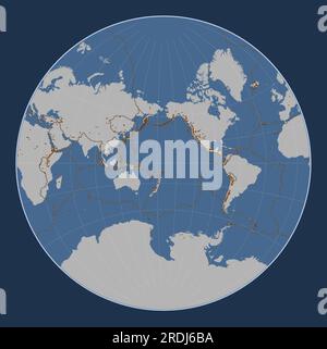 Forma della piastra tettonica Kermadec sulla mappa del contorno solido nella proiezione Lagrange centrata meridionalmente. Distribuzione di vulcani noti Illustrazione Vettoriale