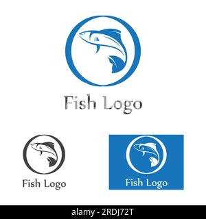 Logo pesce, fishinghook, olio di pesce e icona del ristorante di pesce. Con concetto di icona vettoriale Illustrazione Vettoriale