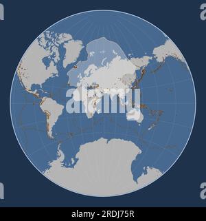 Placca tettonica eurasiatica sulla mappa del contorno solido nella proiezione di Lagrange centrata meridionalmente. Distribuzione di vulcani noti Illustrazione Vettoriale