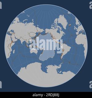 Placca tettonica del Pacifico sulla mappa del contorno solido nella proiezione Lagrange centrata meridionalmente. Distribuzione di vulcani noti Illustrazione Vettoriale