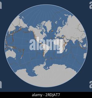 Forma della piastra tettonica delle Shetland sulla mappa di contorno solido nella proiezione Lagrange centrata meridionalmente. Distribuzione di vulcani noti Illustrazione Vettoriale