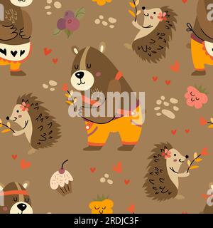 Pattern foresta senza cuciture con orso e riccio. Simpatici animali con dolci e frutti di bosco. Stile piatto illustrazione vettoriale. Illustrazione Vettoriale