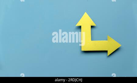Scelte dei segnali di percorso con freccia gialla. La vita futura con un simbolo di direzione diverso. Business Success Concept.banner con spazio di copia. Foto Stock