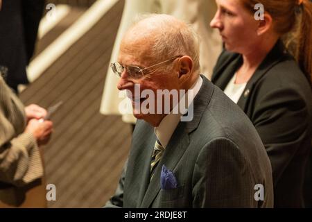 New York, USA. 21 luglio 2023. L'ex giudice della Corte Suprema Anthony Kennedy partecipa al Congresso del diritto Mondiale presso la sede delle Nazioni Unite a New York il 21 luglio 2023. Durante la cerimonia alla Commissione europea è stato assegnato il World Peace & Liberty Award. Il premio è considerato il premio Nobel per la legge. (Foto di Lev Radin/Sipa USA) credito: SIPA USA/Alamy Live News Foto Stock