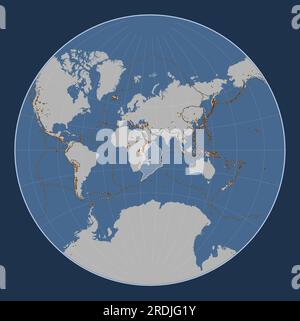 Placca tettonica somala sulla mappa del contorno solido nella proiezione Lagrange centrata meridionalmente. Distribuzione di vulcani noti Illustrazione Vettoriale