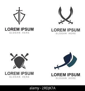 Spada, scudo e logo della spada del re. Design vettoriale del logo. Illustrazione Vettoriale