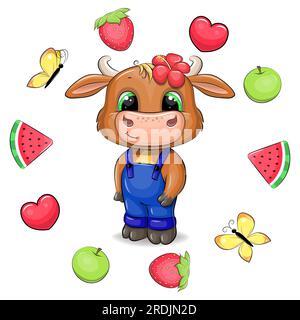 Carino toro cartoni animati con una tuta blu in una cornice di frutta. Illustrazione vettoriale estiva di un animale con anguria, cuore rosso, fragola, mela verde Illustrazione Vettoriale
