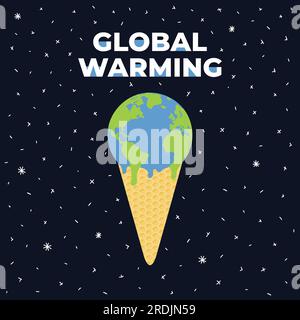 Poster del riscaldamento globale e del cambiamento climatico con gelato che scioglie la Terra in waffle su sfondo cosmico. Aumento della temperatura globale. Protezione ambientale Illustrazione Vettoriale