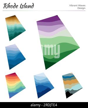 Serie di mappe vettoriali del Rhode Island. Design dalle onde vibranti. Mappa luminosa dello stato degli Stati Uniti in stile geometrico con curve uniformi. Illustrazione Vettoriale