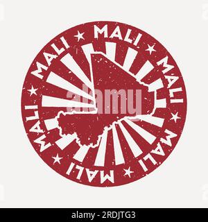 Francobollo del Mali. Timbro rosso da viaggio con la mappa del paese, illustrazione vettoriale. Illustrazione Vettoriale