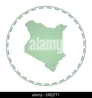 Logo rotondo Kenya. Forma in stile digitale del Kenya in un cerchio punteggiato con il nome del paese. Icona tecnologica del paese con punti graduati. Illustrazione Vettoriale