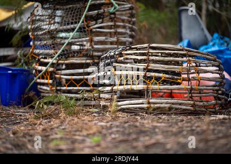 crayfish cray pots sul retro di un peschereccio in tasmania australia Foto Stock