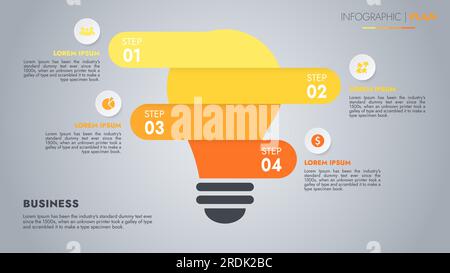 Il modello infografico per la visualizzazione dei dati delle presentazioni e delle funzioni include un diagramma di processo con diagrammi, passaggi e opzioni. Foto Stock