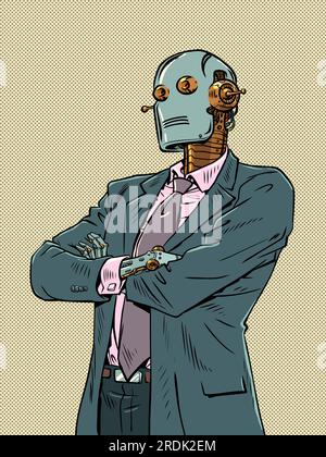 L'intelligenza artificiale sta iniziando a prendere il posto di lavoro dei lavoratori in ufficio. Collaborazione tra tecnologia e uomo. Un robot vintage in un'azienda Illustrazione Vettoriale