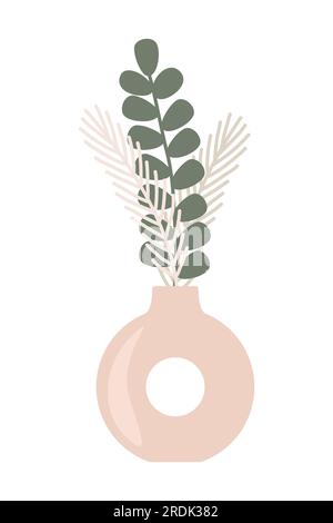 Vaso rotondo di forma geometrica in stile boho con bouquet di erba pampas e ramo di eucalipto, illustrazione vettoriale Illustrazione Vettoriale