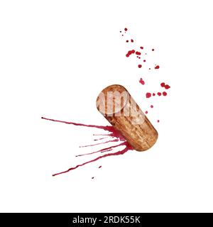 Sughero di vino con spruzzi di vino rosso e schizzi isolati su fondo bianco. Illustrazione ad acquerello disegnata a mano. Foto Stock