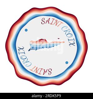 Badge Saint Croix. Mappa dell'isola con splendide onde geometriche e una cornice blu-rossa brillante. Logo Saint Croix rotondo e vivace. Illustrazione vettoriale. Illustrazione Vettoriale