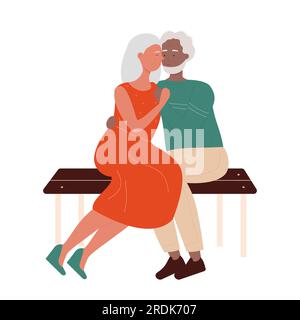 Bella vecchia coppia seduta sulla panchina. Appuntamento romantico, abbracciare gli anziani illustrazione vettoriale Illustrazione Vettoriale