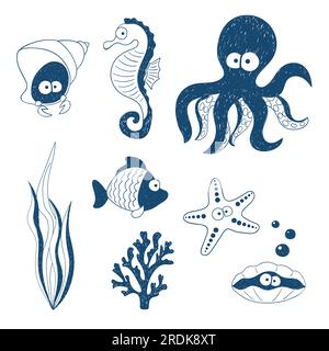 Carino set di animali marini. Disegni dei bambini Doodle. Illustrazione vettoriale. Illustrazione Vettoriale